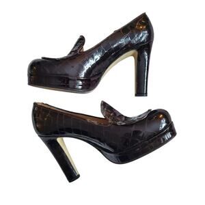 Y2k Chunky Heels Platform Loafers Burgundy Faux Snake Skin Nine West - Size 7